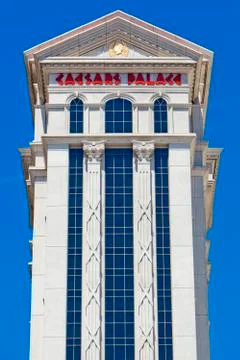Low angle view of exterior side of Augustus tower caesars palace against the Stock Photos