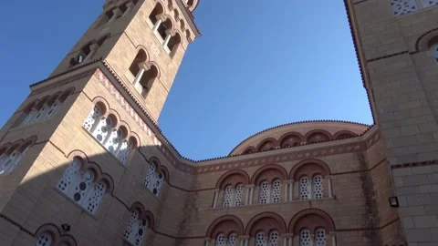 Low angle view of the facade of the Holy Temple of Agios Nektarios in Aegina Stock Footage 218254322