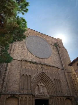 Low angle view of the facade of Santa Maria del Pi church in Barcelona Stock Photos