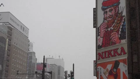 Low angle view of the famous Nikka billboard with copy space in Sapporo Stock-Footage 330176729