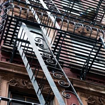 Low angle view of fire escape on a building in SoHo, Manhattan 스톡 사진