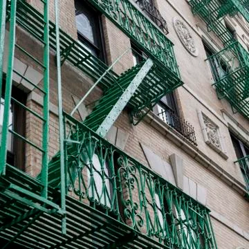 Low angle view of fire escape on a building in SoHo, Manhattan Stock Photos