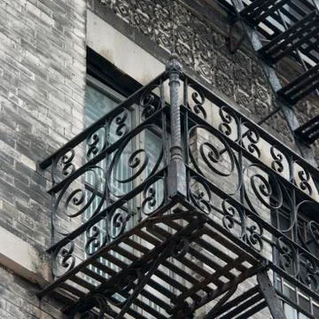 Low angle view of fire escape on a building in SoHo, Manhattan Stock Photos