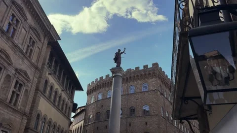 Low-angle view of a Florentine street framed by Renaissance buildings. Stock Footage 333209863