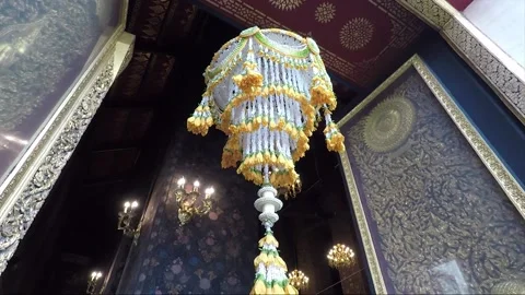 Low angle view of flower chandelier inside Buddhist Temple, Bangkok, Thailand Stock Footage 161549150