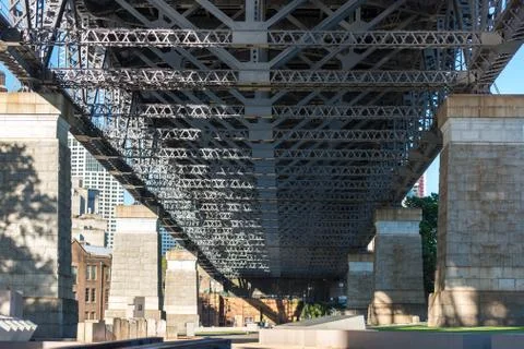 Low angle view of frame metal reinforcements of bridge Stock Photos