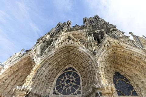 Low angle view at the front of cathedral Notre Dame in Reims, France, Europe Fotos Stock