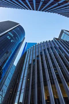 Low Angle View of Futuristic Glass Office Towers in Urban Skyline, London Stock Photos