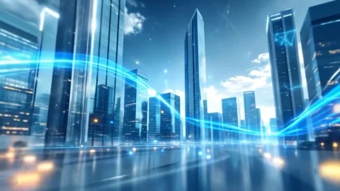 Low Angle View of Futuristic Smart City with Flowing Digital Light Trails Stock Footage 313533863