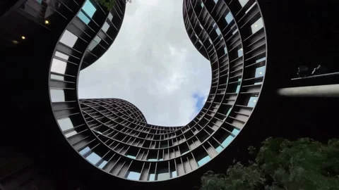 Low angle view on the futuristic tower with a geometrical lines Stock Footage 159072116