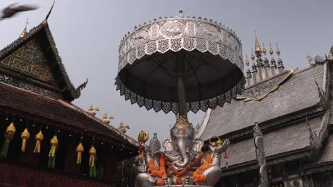 Low Angle View Ganesh Elephant Statue Wat Sri Suphan Silver Temple, Chiang Mai Stock Footage 237716182