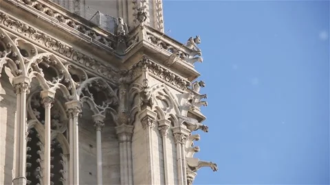 Low Angle View of Gargoyle Statues on Facade of Notre Dame de Paris, France 스톡 동영상 117157138