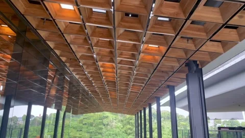 Low angle view of the geometric wood panel design ceiling. Stock Footage 320499971