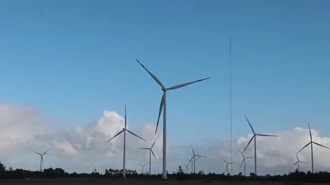 Low Angle View of Giant Wind Energy Turbine with Farm Array in Background Stock Footage 333661453