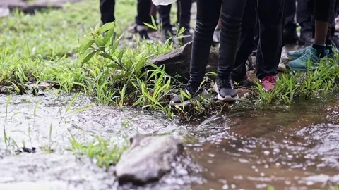 A low-angle view of girls or students crossing a small cascade of water ami.. 스톡 동영상 314206144