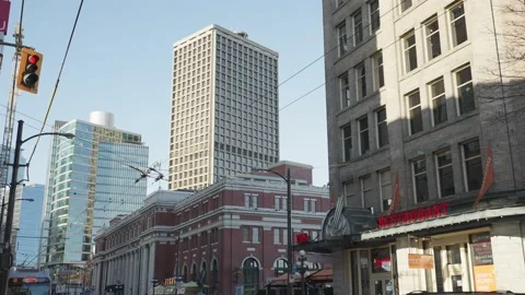 Low Angle View of a Group of Sky Scrapers in Downtown Vancouver, BC, Dec 2020 Stock Footage 147842956