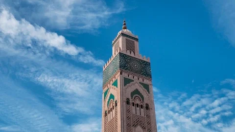 Low angle view of Hassan II Mosque silo  - Casablanca, Morocco Video stock 119075397