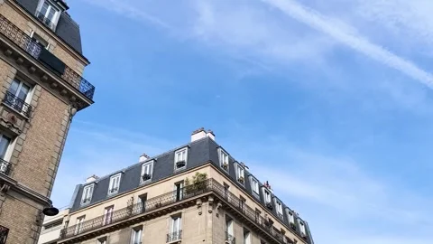 Low Angle View of Haussmann Architecture in Paris Under Blue Sky Stock Footage 334919849