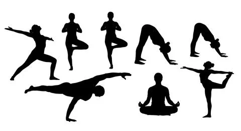 Low Angle View of Heroic Yoga Poses Silhouettes Stock Illustration