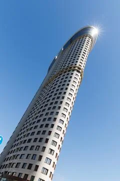 Low angle view of high-rise residential towers with narrow facade in Moscow, a Stock Photos