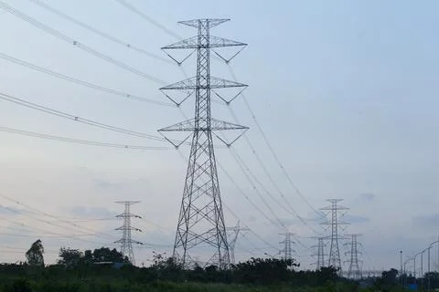 Low angle view of high voltage tower Stock Photos
