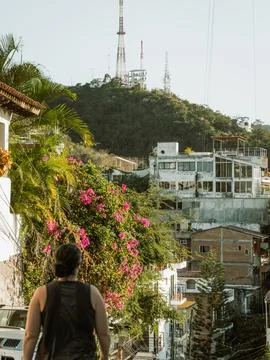Low angle view hill of the Cross Viewpoint in Puerto Vallarta, Mexico with .. Stock Photos
