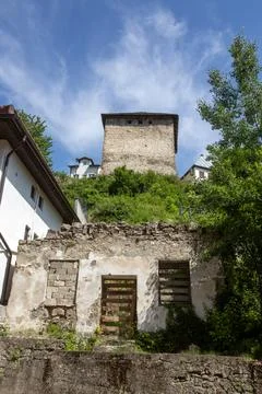 Low Angle View of Historic Bear Tower Medvjed Kula and Ancient Ruins in Jaj.. Stock Photos