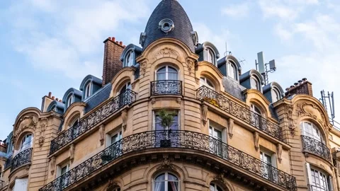 Low angle view of historic Haussmann style building facade with ornate balc.. Stock Footage 339411477