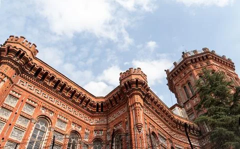 Low angle view of a historic red brick fortress or palace Stock Photos