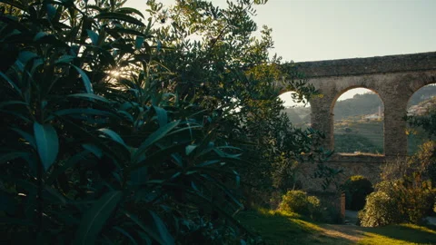 Low-angle view of historic roman aqueduct framed by foliage and warm sun rays 스톡 동영상 323148455