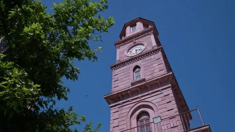 Low Angle View of the Historic Stone Clock Tower in Canakkale Square Stock Footage 338266807