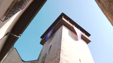 Low Angle View of Historic Tower at Trencin Castle Stock-Footage 343551626