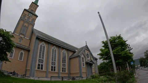 Low angle view of historic wooden Tromso Cathedral church architecture in Norway 動画素材 341697346