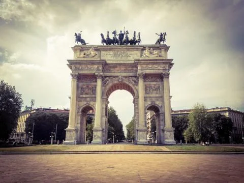 Low angle view of historical building Arch of Peace of Gate Sempione. Stock Photos