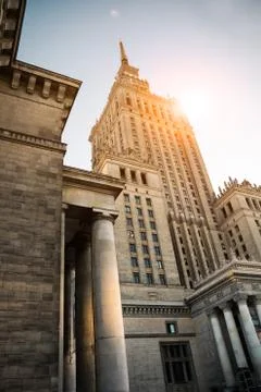 Low angle view of historical skyscraper in sunset Stock Photos