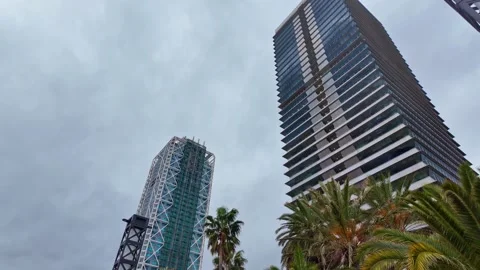 Low Angle View of Hotel Arts and Torre Mapfre Skyscrapers in Barcelona, Spain Stock Footage 342341135