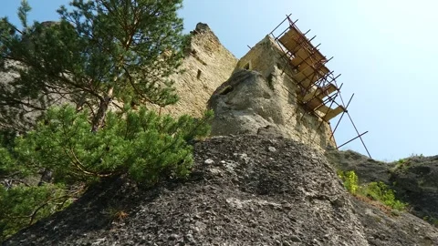 Low Angle View of Hricov Castle Ruins on Rocky Cliff Stock-Footage 343625253