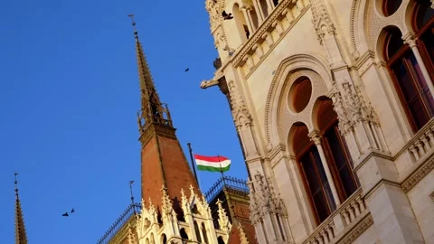 Low-angle view of the Hungarian Parliament with the Hungarian flag waving Stock Footage 320055153