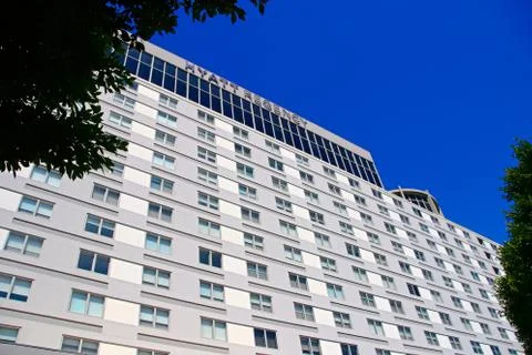Low angle view of Hyatt Regency Los Angeles International Airport. Stock Photos