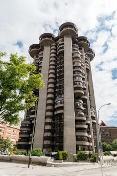 Low angle view of iconic 60s residential skyscraper in Madrid. T Stock Photos