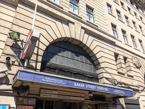 Low angle view of the iconic Baker Street Underground station entrance and stone Stock Photos
