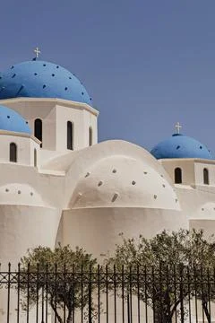Low angle view of iconic blue domes of Holy Cross Church against clear sky .. 写真素材