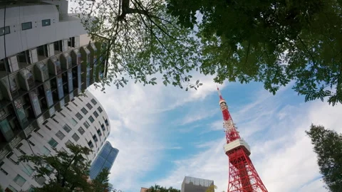 Low angle view of the iconic red Tokyo Tower Stock Footage 329620696