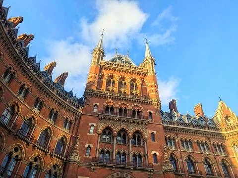 Low angle view of the iconic Victorian Gothic facade of St Pancras Renaissance Stock Photos