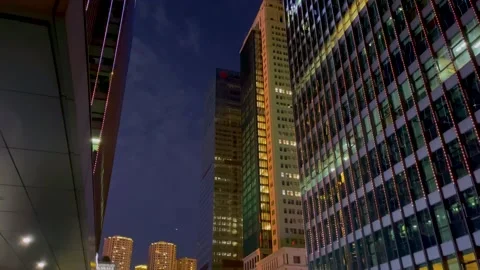 Low Angle View of Illuminated City Skyscrapers at Night Stock-Footage 232064919