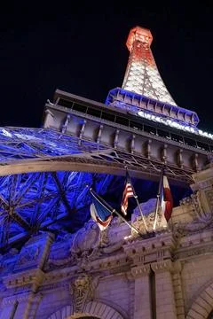 Low angle view of illuminated Replica of Eiffel Tower and Paris Las Vegas Hotel 스톡 사진