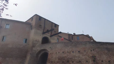 Low angle view of the imposing walls and drawbridge Stock Footage 344254356