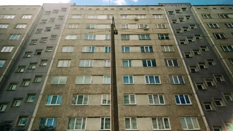 Low angle view of an impressive old Soviet Russian brutalist architecture Stock Footage 278095294