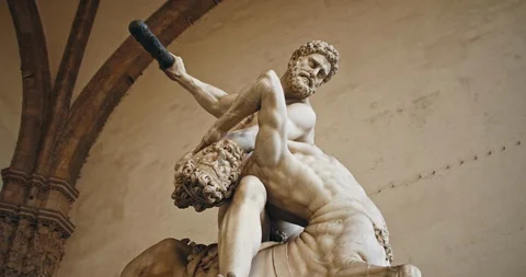 Low angle view of impressive sculpture of greek demigod Hercules and Nessus Stock Footage 113162456