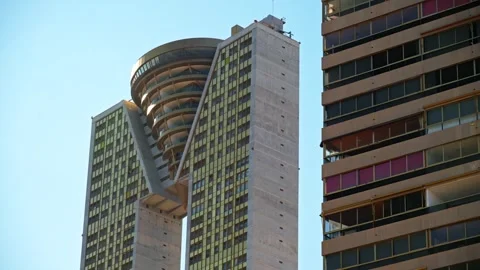 Low angle view of Intempo building in Benidorm Spain showing unique archite.. 库存影片 339640807